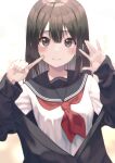  1girl black_eyes black_sailor_collar blush brown_hair closed_mouth commentary english_commentary hands_up kanzi long_sleeves looking_at_viewer original red_neckwear sailor_collar school_uniform serafuku short_hair solo white_background 