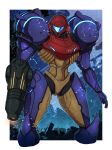  1girl arm_cannon armor artist_name assault_visor blue_visor border commentary gravity_suit_(metroid) helmet highres metroid power_armor power_suit_(metroid) red_helmet samus_aran science_fiction solo symbol-only_commentary wakaba_(wata_ridley) weapon white_border 