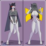 1:1 arm_markings barefoot black_border black_hair blush bodily_fluids border bottomless canid canine canis chest_markings clothed clothing facial_markings feet female flashing flashing_breasts flashing_pussy fur genital_fluids grey_body grey_fur hair hands_down hands_up head_markings hi_res inverted_nipples long_hair looking_away mammal markings meme meme_clothing nervous nervous_smile nipples red_markings shaded shirt shirt_only shirt_over_face simple_background smile solo standing tail tail_motion tailwag the_witcher toothy_smile topwear topwear_only vaginal_fluids watermark wolf zara_(zaraunitymasters) zaraunitymasters