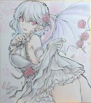  1girl absurdres alternate_costume ass bat_wings black_bow black_dress bow breasts chain commentary_request dated dress elbow_gloves falling_petals fang flower gloves grey_gloves hair_bow hair_flower hair_ornament highres large_breasts looking_at_viewer monety open_mouth petals pink_eyes pointy_ears red_flower red_rose remilia_scarlet rose shikishi signature single_glove smile solo touhou traditional_media wings 