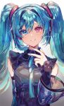  1girl alternate_color ayatsuki_sugure black_shirt blue_eyes blue_hair blue_nails blue_ribbon commentary detached_sleeves eyebrows_visible_through_hair hatsune_miku hatsune_miku_(nt) heterochromia highres long_hair looking_at_viewer neck_ribbon piapro red_eyes ribbon shirt simple_background smile solo twintails twitter_username two_side_up upper_body vocaloid white_background 