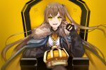  1girl absurdres armchair bangs black_gloves black_jacket black_legwear chair crown crown_removed eyebrows_visible_through_hair fur-trimmed_jacket fur_trim girls&#039;_frontline gloves hand_up highres jacket king_(vocaloid) light_brown_hair long_hair looking_at_viewer open_clothes open_jacket open_mouth pantyhose partially_fingerless_gloves scar scar_across_eye shirt side_ponytail smile solo sorayan_03 ump45_(girls&#039;_frontline) white_shirt yellow_background yellow_eyes 