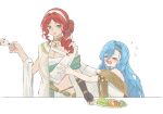  &gt;_&lt; 2girls 37_(reverse:1999) :o ancient_greek_clothes armlet black_gloves blue_hair breasts broccoli cleavage crying fingerless_gloves flying_sweatdrops food gloves gold_choker greco-roman_clothes green_eyes hair_bun hairband highres holding holding_plate ice_cream jewelry lettuce long_hair looking_at_another looking_to_the_side medium_hair multiple_girls open_mouth outstretched_arms plate red_hair reverse:1999 rokilly salad single_glove single_side_bun sophia_(reverse:1999) teardrop toga tomato white_background white_hairband 