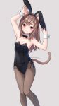  1girl :3 animal_ear_fluff animal_ears anz32 arms_up bangs bare_shoulders black_bow black_bowtie black_leotard bow bowtie breasts brown_hair brown_legwear cat_ears cat_girl cat_tail closed_mouth collar collarbone commentary_request detached_collar eyebrows_visible_through_hair fake_animal_ears fishnet_legwear fishnets grey_background half_updo leotard original pantyhose playboy_bunny rabbit_ears red_eyes simple_background small_breasts smile solo strapless strapless_leotard tail twitter_username white_collar wing_collar wrist_cuffs 