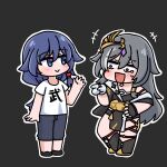  +++ 2girls :d asymmetrical_gloves bare_shoulders black_background black_boots black_dress black_gloves black_shoes blue_eyes blue_hair blue_pants blush boots chibi closed_mouth clothes_writing dress fingerless_gloves fu_hua gloves grey_hair hair_between_eyes hand_up herrscher_of_sentience highres honkai_(series) honkai_impact_3rd long_hair mismatched_gloves mokkyo_(motkyo) multicolored_hair multiple_girls outline pants pointing red_eyes shirt shoes simple_background single_fingerless_glove smile standing standing_on_one_leg streaked_hair tears translation_request very_long_hair white_gloves white_hair white_outline white_shirt wide-eyed 