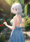  1girl absurdres alternate_costume bare_shoulders blue_dress blue_eyes breasts closed_mouth date_a_live day dress earrings expressionless garden hair_ornament highres jewelry kepico looking_at_viewer medium_breasts outdoors plant potted_plant short_hair solo stairs stone_stairs stud_earrings tobiichi_origami tree white_hair 