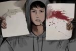  1boy black_eyes black_gloves black_hair cigarette cry_of_fear fake_blood fingerless_gloves gloves grey_hoodie gun gun_to_head holding holding_paper hood hood_up hoodie hshshdjd566881 looking_at_viewer male_focus meme paper paper_gun_suicide_(meme) short_hair simon_henriksson solo upper_body weapon 