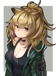  1girl alternate_costume animal_ears arknights bangs black_choker black_tank_top blonde_hair border breasts brown_eyes choker cleavage collarbone commentary_request eyebrows_visible_through_hair green_jacket grey_background hair_between_eyes idashige_(walkietalkie) jacket lion_ears long_hair long_sleeves looking_at_viewer medium_breasts official_alternate_costume partial_commentary ponytail siege_(arknights) siege_(legacy)_(arknights) solo tank_top upper_body white_border 