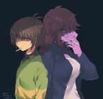  1girl 1other antenna_hair arm_at_side arms_at_sides back-to-back bags_under_eyes between_fingers black_background black_coat black_shirt bob_cut breasts brown_hair cigarette cleavage coat collared_coat collared_shirt colored_sclera colored_skin commentary_request deltarune freckles furry furry_female green_sweater hair_flaps hand_up highres holding holding_cigarette komugiko_(bitte_komu) kris_(deltarune) large_breasts long_hair long_sleeves looking_at_viewer mouth_hold no_pupils open_clothes open_coat purple_eyes purple_skin red_eyes reptile_girl shaded_face shirt short_hair simple_background striped_clothes striped_sweater susie_(deltarune) sweater two-tone_sweater upper_body white_shirt yellow_sclera yellow_sweater 