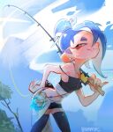  1girl almonthic black_shorts black_thighhighs blue_sky closed_mouth commentary crop_top earrings english_commentary fang fang_out fish_hook_earrings fishing_rod hair_over_one_eye highres holding holding_fishing_rod jewelry leaning_forward long_hair looking_at_viewer navel octoling official_alternate_costume outdoors shiver_(splatoon) shiver_(splatoon_raiders) short_eyebrows short_shorts shorts single_earring sky smile solo splatoon_(series) splatoon_raiders tentacle_hair thick_eyebrows thighhighs topknot 