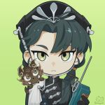  1girl artist_name beret black_dress black_gloves black_hair black_hat cape cellphone chin_strap closed_mouth creature creature_on_shoulder deformed dress gloves green_background hand_up hat holding holding_phone liang_yue_(reverse:1999) long_hair looking_at_viewer low_twintails mole mole_above_eye on_shoulder phone police police_uniform policewoman qiangliang_(reverse:1999) reverse:1999 shiogaki side_cape solo twintails upper_body white_cape yellow_eyes 