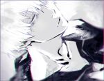  1boy bangs black_jacket blurry blurry_foreground close-up closed_eyes closed_mouth collarbone commentary depth_of_field face facing_viewer gradient gradient_background grey_background hair_over_one_eye jacket kaneki_ken koujima_shikasa male_focus short_hair simple_background solo symbol-only_commentary tokyo_ghoul upper_body white_background white_hair 