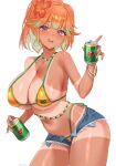  1girl absurdres alternate_costume bead_necklace beads bikini bikini_under_shorts blunt_bangs blush brazilian_flag brazilian_flag_print brazilian_miku brazilian_miku_(cosplay) breasts can cleavage colored_inner_hair commentary contrapposto cosplay cowboy_shot cutoffs denim denim_shorts drink_can earrings exposed_pocket fingernails flag_print flower gradient_hair green_hair green_nails hair_flower hair_ornament hand_up hatsune_miku high_ponytail highleg highleg_bikini highres holding holding_can hololive hololive_english huge_breasts jewelry looking_at_viewer medium_hair micro_shorts multicolored_hair multicolored_nails nail_polish navel necklace open_fly open_mouth orange_hair pink_eyes ponytail shorts side-tie_bikini_bottom simple_background sinonamon smile soda_can solo swimsuit takanashi_kiara tan tanlines virtual_youtuber vocaloid white_background yellow_bikini yellow_nails 
