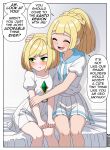  2girls :t absurdres age_regression aged_down averting_eyes blonde_hair blush child closed_eyes commentary dress english_commentary english_text frown furrowed_brow glasses green_eyes highres lillie_(pokemon) lusamine_(pokemon) mother_and_daughter multiple_girls nico-neko open_mouth pokemon pokemon_sm ponytail pout short_hair speech_bubble twitter_username web_address white_dress 