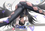  1girl ass bayonetta bayonetta_(series) bayonetta_2 bent_over black_bodysuit black_hair bodysuit breasts bug butterfly clothing_cutout earrings elbow_gloves flexible frilled_shirt_collar frills glasses gloves gonzarez gun handgun highres holding holding_gun holding_weapon incoming_attack jack-o&#039;_challenge jewelry large_breasts legs_apart lips lipstick makeup meme mole mole_under_mouth parted_lips pistol shadow short_hair smile solo sparkle taut_clothes tight top-down_bottom-up weapon 