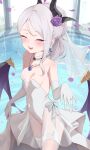 1girl :d absurdres alternate_costume bare_shoulders blue_archive blush breasts choker closed_eyes cowboy_shot demon_girl demon_horns demon_wings dress earrings elbow_gloves facing_viewer flower gloves hair_flower hair_ornament happy_tears highres hina_(blue_archive) horns jewelry kareya_(jixo95821699) leotard long_hair looking_at_viewer necklace nose_blush open_mouth purple_eyes ring see-through_clothes small_breasts smile solo standing strapless strapless_dress tears wedding wedding_dress wedding_ring white_choker wings 