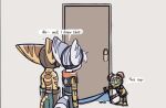 anthro bite_mark_on_ear blue_eyes clothed clothing cybernetic_arm cybernetic_limb english_text female fluffy fluffy_tail fur gloves group half-closed_eyes handwear hi_res key kit_(ratchet_and_clank) lombax machine male male/female mammal markings narrowed_eyes ratchet_(ratchet_and_clank) ratchet_and_clank ring_(marking) ringed_tail rivet_(ratchet_and_clank) robot sony_corporation sony_interactive_entertainment striped_markings striped_tail stripes tail tail_markings text thin_tail time_fluffy500 topless trio unimpressed yellow_body yellow_fur