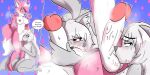 2:1 absurd_res anthro aroused ball_fondling ball_nuzzling ball_smelling ball_sniffing ball_worship balls balls_on_face bella_(snugglefox22) blue_eyes body_worship canid canine duo english_text female fondling fox fur genital_worship genitals gynomorph gynomorph/female handjob heart_symbol hi_res intersex intersex/female looking_pleasured mammal mrgenoraven orgasm_from_sniffing penile penis pink_body pink_fur red_eyes sex shino_(character) smell smelling_balls sniffing text white_body white_fur