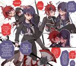  1boy 1girl armband axe black_hair black_sailor_collar black_shirt black_skirt black_socks blush carrying carrying_over_shoulder carrying_person chestnut_mouth commentary couple double_cheek_kiss embarrassed emphasis_lines english_commentary english_text feet_out_of_frame gloves hetero highres holding holding_axe kiss kissing_cheek konoha_kairi last_defense_academy_school_uniform long_skirt multicolored_hair one_eye_closed purple_eyes purple_hair red_eyes red_hair sailor_collar school_uniform semi-rimless_eyewear shaded_face shirt shizuhara_hiruko simple_background skirt socks speech_bubble streaked_hair sumino_takumi the_hundred_line_-last_defense_academy- twitter_username white_armband white_background white_gloves 
