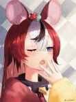  1girl :o absurdres alternate_hairstyle animal_ear_fluff animal_ears animal_on_head bangs black_hair blue_eyes collar eyebrows_visible_through_hair hakos_baelz highres hololive hololive_english long_hair mouse_ears mouse_girl mouse_on_head mr._squeaks_(hakos_baelz) multicolored_hair on_head open_mouth red_hair s_panda_k solo spiked_collar spikes streaked_hair virtual_youtuber white_hair yawning 