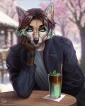 anthro artist_name beverage black_clothing black_jacket black_topwear blue_eyes blue_hair brown_hair canid canine clothing dipstick_ears ear_markings ear_piercing front_view fur grey_clothing grey_topwear hair hi_res jacket male mammal marie_merkh mouth_closed multicolored_ears multicolored_hair orange_body orange_fur outside piercing signature solo text topwear two_tone_hair white_body white_fur