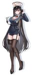  1girl absurdres alternate_costume belt between_breasts black_belt black_garter_straps black_gloves black_hair black_halo black_jacket black_shoes black_skirt black_thighhighs blazer blue_archive breast_pocket breasts cleavage collared_shirt commentary_request cuffs drop_shadow full_body garter_straps gloves halo hand_in_own_hair handcuffs heart high_heels highres holding id_card jacket lapels large_breasts long_hair long_sleeves looking_at_viewer necktie necktie_between_breasts notched_lapels parted_bangs pippin_(pippin_sol) pocket red_eyes red_necktie rio_(blue_archive) shirt shoes simple_background single_garter_strap skirt solo standing thighhighs very_long_hair white_background white_shirt 