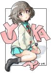  1girl absurdres akiyama_yukari amate_yuzuriha amate_yuzuriha_(cosplay) ankle_socks black_boots blue_shirt blue_skirt blush boots border brown_eyes brown_hair brown_sweater character_name collared_shirt commentary_request cosplay fluffy_hair girls_und_panzer grey_socks highres initial kuroneko_douji medium_hair miniskirt necktie open_mouth outside_border pleated_skirt red_necktie shadow shirt simple_background sitting skirt socks solo sweater v-neck wariza white_background 