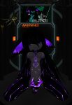 anthro black_body black_hair breasts cable chain chain_leash domestic_cat electricity electronics fan_character felid feline felis fur glowing glowing_eyes hair hi_res kneeling laboratory leash long_hair looking_at_viewer made_in_abyss mammal markings metal narehate navel purple_eyes silavos smile solo spread_legs spreading teeth television vrchat watermark white_body white_fur