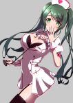  1girl between_breasts black_bra black_thighhighs blush bra breasts buttons cleavage closed_mouth commentary_request covered_nipples cowboy_shot d4dj double-breasted dress garter_straps green_eyes green_hair grey_background hand_to_own_mouth hands_up hat heart heart_print highres hiraken holding holding_stethoscope lace-trimmed_bra lace-trimmed_thighhighs lace_trim large_breasts long_hair looking_at_viewer name_tag nurse nurse_cap print_hat puffy_short_sleeves puffy_sleeves shimizu_esora short_sleeves simple_background smile solo standing stethoscope thighhighs twintails underwear very_long_hair wavy_hair white_dress 