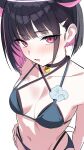  1girl animal_ears asymmetrical_hair bikini black_bikini black_choker black_hair blue_archive blue_bikini blue_flower blush bob_cut breasts cat_choker cat_ears choker collarbone colored_inner_hair cosplay flower flower_bikini hair_ornament hairclip hand_on_own_hip highleg highleg_bikini highres kazusa_(blue_archive) kikyou_(blue_archive) kikyou_(blue_archive)_(cosplay) kikyou_(swimsuit)_(blue_archive) layered_bikini looking_at_viewer medium_breasts multicolored_hair navel open_mouth pink_eyes pink_hair short_hair simple_background solo sonoda_345 stomach streaked_hair swimsuit two-tone_hair white_background 