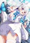  1girl :d absurdres animal_ear_fluff animal_ears ass bandaged_leg bandages blue_bow blue_butterfly blue_eyes blue_nails blurry blurry_background blurry_foreground blush bow bug butterfly butterfly_hair_ornament cat_ears cat_girl commission dress from_below fur-trimmed_jacket fur-trimmed_sleeves fur_trim goddess_of_victory:_nikke grey_hair hair_ornament highres holding jacket long_hair looking_at_viewer looking_back n102_(miracle_fairy)_(nikke) n102_(nikke) nail_polish open_clothes open_jacket open_mouth original outdoors panties pantyshot scrunchie shiro9jira skeb_commission smile snowflake_hair_ornament solo tail thigh_strap twintails underwear upskirt white_dress white_hair white_jacket white_panties wings wrist_scrunchie wristband zipper 