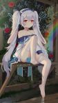  1girl animal_ear_hairband animal_ears arm_support artist_name azur_lane bare_shoulders bench blue_bow blue_dress blue_flower blue_hairband blue_headband blue_ribbon blue_rose bow chinese_commentary choker closed_mouth commentary_request convenient_leg crossed_bangs dated dress fake_animal_ears feet flower full_body hair_bow hair_ornament hairband headband headgear highres laffey_(azur_lane) laffey_ii_(azur_lane) leg_up long_hair long_sleeves outdoors pantyhose plant puddle rabbit-shaped_pupils rabbit_brooch rabbit_ears rabbit_hair_ornament rabbit_o-ring rainbow red_eyes red_flower red_rose reflection ribbon rose rose_bush sidelocks sitting skindentation solo symbol-shaped_pupils thighhighs toenails toes twintails very_long_hair wet wet_clothes wet_pantyhose white_choker white_hair white_pantyhose white_thighhighs xiao_shi_lullaby zettai_ryouiki 