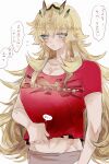  1girl abs absurdres bangs blonde_hair blush breasts buster_shirt cleavage collarbone fairy_knight_gawain_(fate) fate/grand_order fate_(series) green_eyes highres horns large_breasts long_hair navel open_mouth red_shirt shirt short_sleeves solo speech_bubble touwa translation_request 