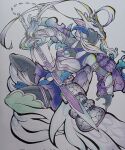  1girl armor bare_shoulders black_gloves blue_trim bodysuit colored_skin dragon_horns dragon_mask duel_monster dynamic_pose facing_to_the_side fujisa_ki_seina gauntlets gloves grey_eyes helmet highres holding holding_sword holding_weapon horns japanese_clothes kimono knees_up leg_armor looking_ahead looking_to_the_side pleated_skirt purple_skirt purple_trim shoulder_armor skirt sword swordsoul_of_mo_ye traditional_media turning_head weapon white_arm_warmers white_armor white_background white_hair white_helmet white_kimono yu-gi-oh! 
