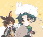  2boys animal animal_ears animal_focus animal_on_head animal_print asymmetrical_clothes beads blush brown_rabbit diamond-shaped_pupils diamond_(shape) earrings eating facial_mark forehead_mark formal_clothes genshin_impact gradient_hair green_hair holding holding_animal jewelry leaf male_focus multicolored_hair multiple_boys nama_dododo necktie on_head rabbit rabbit_ears rabbit_print rabbit_tail single_earring suit symbol-shaped_pupils tail tassel tassel_earrings white_necktie white_rabbit_(animal) xiao_(genshin_impact) yellow_eyes zhongli_(genshin_impact) 