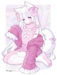  1girl absurdres animal_ear_fluff animal_ears bandaid_on_thigh boots bow commentary crossed_bandaids eyelashes frilled_sleeves frills hair_bow highres hood hood_down jacket long_hair long_sleeves meme_attire open_clothes open_jacket original pink_bow pink_eyes pink_jacket pink_ribbon pink_sweater platform_boots ribbed_sweater ribbon sitting sleeveless sleeveless_sweater sleeves_past_fingers sleeves_past_wrists solo sweater symbol-only_commentary tail tareme ting_(tingiiio) turtleneck turtleneck_sweater virgin_killer_sweater white_boots white_bow white_hair wolf_ears wolf_girl wolf_tail 