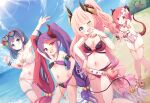  4girls :o absurdres arm_up armlet beach belt bikini black_bikini black_horns black_tail blue_sky bracelet braid breasts bush cleavage collarbone cross-laced_clothes curled_horns demon_girl demon_horns demon_tail eyewear_on_head flat_chest floral_print flower frilled_one-piece_swimsuit frills hair_flower hair_ornament hair_over_shoulder hand_on_own_hip heart heart-shaped_eyewear heart_hair_ornament heart_tail heterochromia highres horns io_(princess_connect!) io_(summer)_(princess_connect!) jewelry large_breasts layered_bikini long_hair lucent_academy medium_breasts medium_hair misaki_(princess_connect!) misaki_(summer)_(princess_connect!) misora_(princess_connect!) misora_(summer)_(princess_connect!) multicolor-tinted_eyewear multicolored_bikini multicolored_hair multiple_girls navel nyxerebos o-ring o-ring_bikini o-ring_thigh_strap o-ring_top ocean one-piece_swimsuit one_eye_closed open_mouth pink_hair posing princess_connect! purple_bikini purple_eyes purple_hair rainbow-tinted_eyewear red_bikini red_eyes red_flower red_hair red_tail sandals side-tie_bikini_bottom side_ponytail single_wrist_cuff sky smile sunlight suzuna_(princess_connect!) suzuna_(summer)_(princess_connect!) swimsuit tail thigh_strap thighlet tinted_eyewear toes twintails two-tone_bikini two-tone_hair very_long_hair white_belt white_bikini white_flower white_one-piece_swimsuit wrist_cuffs 