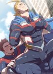  2boys all_might arms_behind_back bara blonde_hair blue_bodysuit blue_eyes blush bodysuit boku_no_hero_academia bulge bulge_to_ass couple covered_abs covered_nipples endeavor_(boku_no_hero_academia) facial_hair flaccid fross2art highres large_pectorals male_focus mature_male multiple_boys muscular muscular_male pectorals red_hair reward_available scar short_hair sideburns skin_tight spiked_hair spread_legs stubble thighs watermark yaoi younger 
