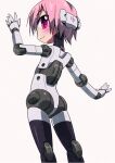  1girl :3 blush commentary_request eyebrows_visible_through_hair humanoid_robot joints looking_at_viewer looking_back original pink_eyes pink_hair robot_joints short_hair solo standing tommy_region very_short_hair white_background 