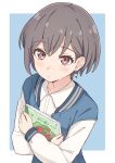  1girl absurdres bang_dream! bang_dream!_it&#039;s_mygo!!!!! blue_background blue_jacket blush book border brown_eyes brown_hair collarbone collared_shirt commentary_request earrings hair_between_eyes highres holding holding_book jacket jewelry looking_at_viewer medium_hair mimori_(mimori_05) multicolored_jacket open_clothes open_jacket outside_border parted_lips rounded_corners shirt simple_background solo takamatsu_tomori translation_request two-tone_jacket upper_body white_border white_jacket white_shirt 