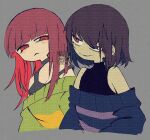  2girls adversarial_noise alternate_hair_length alternate_hairstyle black_shirt black_tank_top blue_sweater blunt_bangs brown_hair chara_(undertale) colored_inner_hair commentary cropped_torso english_commentary frisk_(undertale) frown genderswap genderswap_(otf) green_sweater grey_background highres long_hair mr0x0 multicolored_hair multiple_girls off-shoulder_sweater off_shoulder red_eyes red_hair shirt short_hair sleeveless sleeveless_shirt sleeveless_turtleneck smile sweater tank_top too_many_watermarks turtleneck two-tone_hair undertale watermark watermark_grid 