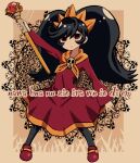  1girl ashley_(warioware) backwards_text bangs batchgooya black_hair black_legwear brown_background commentary dress full_body hairband highres holding holding_wand long_hair long_sleeves looking_at_viewer orange_hairband pantyhose red_dress red_eyes red_footwear skull solo twintails very_long_hair wand warioware witch 