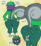 anthro big_butt bottomwear butt butt_focus car_man claws clothed clothing denim denim_bottomwear denim_clothing dialogue disembodied_penis duo english_text female female/female fur genitals grey_body grey_fur hair hat headgear headwear hi_res jeans male mammal messy_hair mooch_(undertale_yellow) pants penis purple_hair rodent scarf sciurid squirrel_tail tail teasing text undertale undertale_(series) undertale_yellow