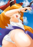  1girl ass blue_sky bow breasts brown_horns cloud commentary_request cowboy_shot fang hair_bow highres horn_bow horn_ornament horns ibuki_suika kurohiba long_hair looking_at_viewer looking_back looking_down open_mouth orange_eyes orange_hair panties pantyshot purple_bow purple_skirt red_bow shirt skirt sky sleeveless sleeveless_shirt small_breasts solo touhou underwear upskirt white_panties white_shirt 