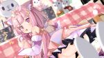 1girl ^^^ absurdres animal_ear_fluff animal_ears ass bare_shoulders blunt_bangs blurry blurry_background blurry_foreground blush bow cat_ears cat_girl commission convenient_censoring crane_game depth_of_field detached_sleeves dress drooling dutch_angle eating food from_behind hair_bow hair_ornament highres holding holding_food leaning_forward long_hair long_sleeves looking_at_viewer looking_back low_twintails multicolored_hair musical_note musical_note_hair_ornament no_panties open_mouth original panties pantyshot pink_bow pink_dress pink_eyes pink_hair puffy_sleeves ribbon shiro9jira skeb_commission skirt solo star_(symbol) star_print streaked_hair stuffed_animal stuffed_rabbit stuffed_toy surprised table twintails underwear v-shaped_eyebrows white_dress white_sleeves 