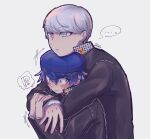  ! !? ... 1boy 1girl ? absurdres artist_name ayufa black_jacket blue_eyes blue_hair blue_hat blush closed_mouth commentary_request expressionless gakuran grey_eyes grey_hair hair_between_eyes hat height_difference highres hug hug_from_behind jacket long_sleeves narukami_yu newsboy_cap persona persona_4 school_uniform shirogane_naoto short_hair simple_background white_background yasogami_school_uniform 