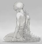  1boy bangs barefoot bone commentary_request completely_nude from_behind gradient gradient_background grey_background greyscale kaneki_ken koujima_shikasa male_focus monochrome nude short_hair sitting solo spine tokyo_ghoul wariza 