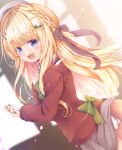  1girl :d ass beret blonde_hair blue_eyes blurry blurry_background blush bow braid cardigan clock clothes_lift commission crescent crescent_hair_ornament depth_of_field dog_tail dutch_angle fox_tail green_bow grey_skirt hair_bow hair_ornament hairclip hat highres holding long_hair long_sleeves looking_at_viewer open_mouth original panties pantyshot pocket_watch red_cardigan red_sweater ribbon shiro9jira shirt skeb_commission skirt skirt_lift smile solo sweater tail tail_raised underwear very_long_hair watch white_panties white_shirt window x_hair_ornament 