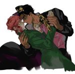  2boys beet_(vhvt5535) black_hair black_hat black_jacket chain cherry_earrings earrings eye_contact food-themed_earrings gakuran green_eyes green_jacket hand_grab hand_on_another&#039;s_back hat highres jacket jewelry jojo_no_kimyou_na_bouken kakyoin_noriaki kujo_jotaro looking_at_another male_focus multiple_boys pink_shirt red_eyes red_hair school_uniform shirt simple_background stardust_crusaders white_background yaoi 