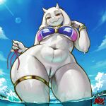 1:1 4_fingers absurd_res anthro big_breasts bikini bikini_top boss_monster_(undertale) bottomless bovid bracelet breasts caprine clothed clothing curvy_figure day eyelashes fangs female fingers floppy_ears fur genitals hi_res horn jewelry legband long_ears low-angle_view lubos mammal mature_anthro mature_female outside partially_submerged portrait signature solo standing swimwear teeth thick_thighs thighband three-quarter_portrait toriel two-piece_swimsuit undertale_(series) voluptuous vulva water wet white_body white_fur wide_hips